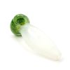 A frosted glass pipe shown at an angle, showcasing its sleek white body and green bowl with speckled detailing for smoking herbs.