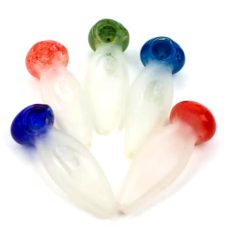 A group of 5 frosted glass hand pipe for weed displayed in various colors, including red, blue, green, and orange, each with a soft, elegant frosted texture and bulbous mouthpiece.