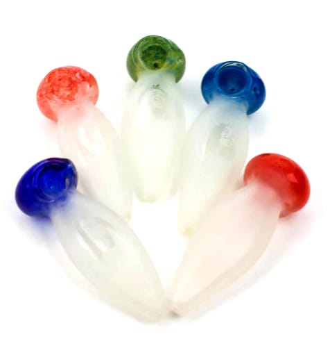 A group of 5 frosted glass hand pipe for weed displayed in various colors, including red, blue, green, and orange, each with a soft, elegant frosted texture and bulbous mouthpiece.