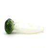 A single frosted glass hand pipe with a smooth white body and a green, speckled bowl for holding herbs, featuring an ergonomic shape.