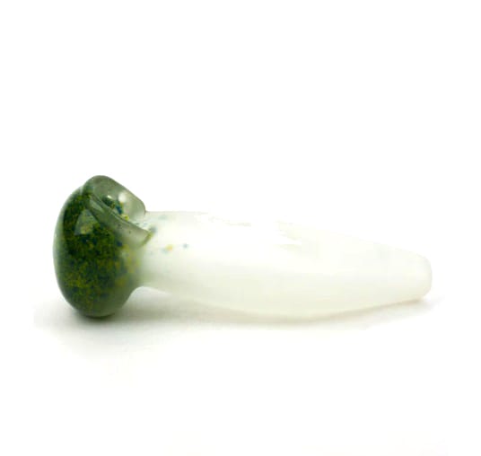 A single frosted glass hand pipe with a smooth white body and a green, speckled bowl for holding herbs, featuring an ergonomic shape.