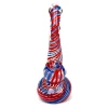 Front View of Red and Blue Single Chamber Glass Bubbler Pipe - Front-facing image of a compact single chamber glass bubbler pipe with a red and blue stripe design.