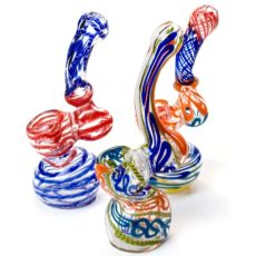 Red, White, and Blue Single Chamber Glass Bubbler Pipe - A handcrafted single chamber bubbler pipe with a colorful swirl pattern in red, white, and blue, designed for smooth smoking experiences.