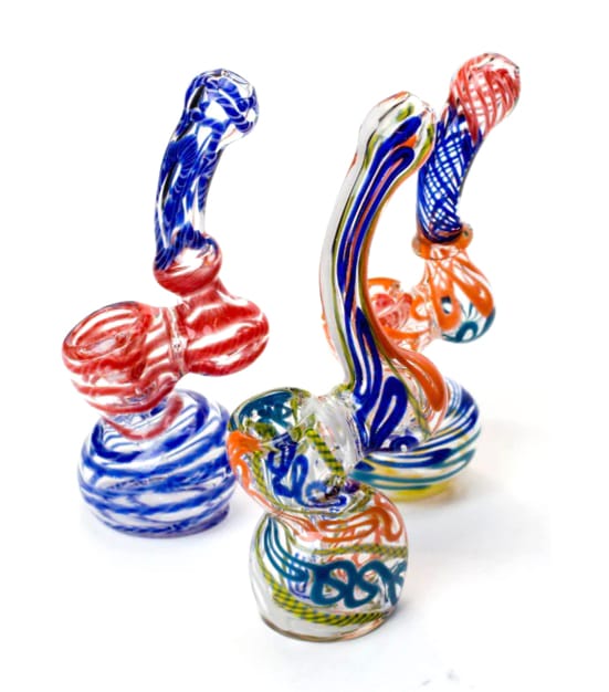 Red, White, and Blue Single Chamber Glass Bubbler Pipe - A handcrafted single chamber bubbler pipe with a colorful swirl pattern in red, white, and blue, designed for smooth smoking experiences.