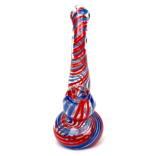 Front View of Red and Blue Single Chamber Glass Bubbler Pipe - Front-facing image of a compact single chamber glass bubbler pipe with a red and blue stripe design.