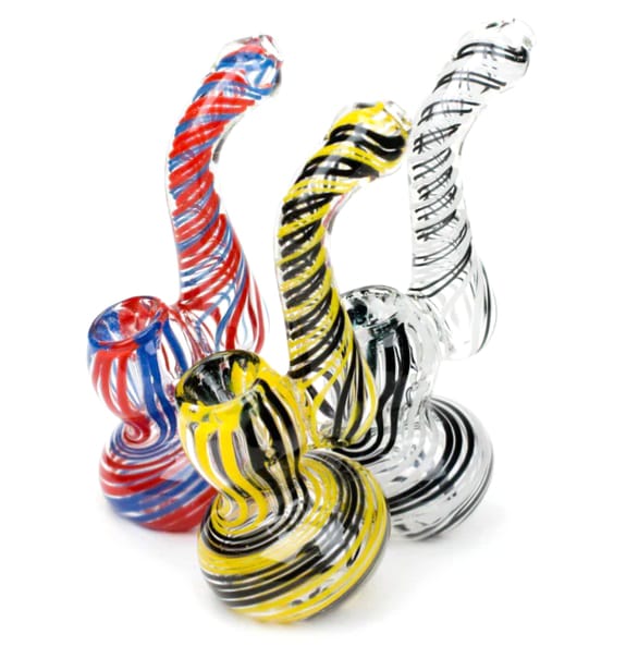 Yellow and Black Single Chamber Glass Bubbler Pipe - A glass bubbler with swirling yellow and black colors, featuring a single chamber and down tube diffuser for water-cooled hits.