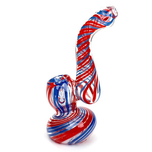 Red and Blue Single Chamber Glass Bubbler Pipe (Side View) - A side view of a red and blue striped single chamber glass bubbler pipe, perfect for dry herb sessions.