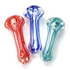 Three 3-inch Soft Glass Hand Pipe Weed displayed side by side in vibrant colors, including red, blue, and green. Each pipe features a sleek, ergonomic design with a striped pattern running through the thick glass walls. The bowl is located at the top, and the compact size makes them ideal for portability and ease of use.