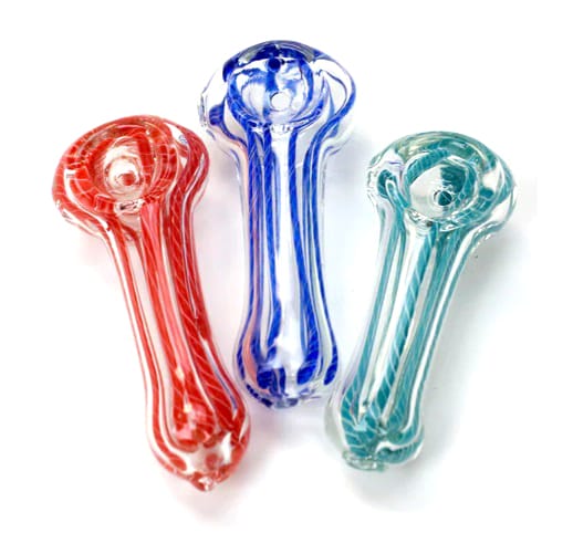 Three 3-inch Soft Glass Hand Pipe Weed displayed side by side in vibrant colors, including red, blue, and green. Each pipe features a sleek, ergonomic design with a striped pattern running through the thick glass walls. The bowl is located at the top, and the compact size makes them ideal for portability and ease of use.