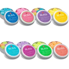 A collection of colorful tins of Bliss THC Gummies in multiple flavors, including blue raspberry, watermelon, tropical assorted, pineapple, peach, and more