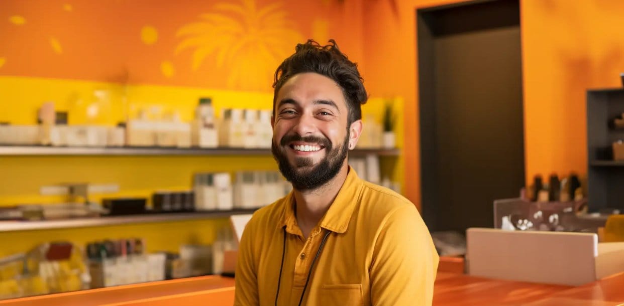 Smiling man in a yellow shirt standing in a brightly colored cannabis dispensary interior