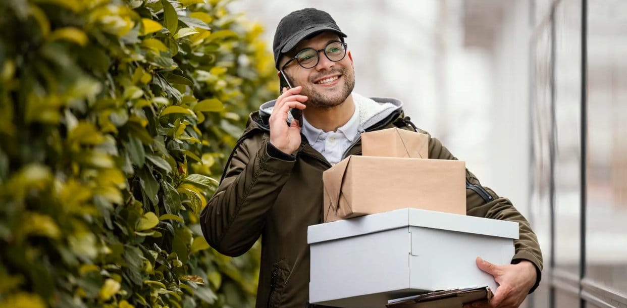 Smiling man in a cap and glasses talking on a phone while carrying multiple cannabis delivery packages outdoors