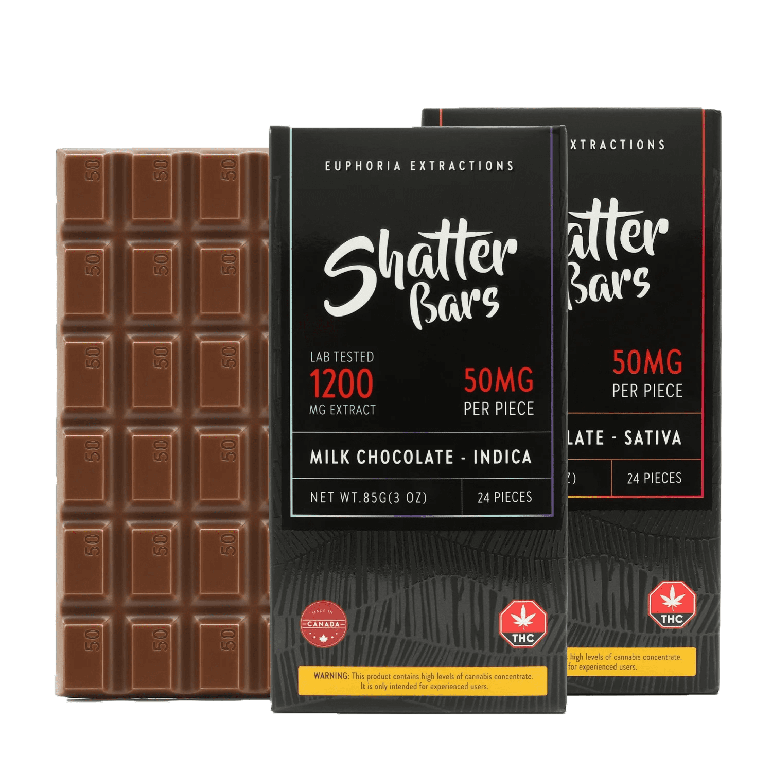 Close-up of two Shatter Bars 1200mg THC chocolate bars in Milk Chocolate (Sativa and Indica), with the full bar showing its 50mg per square segments.