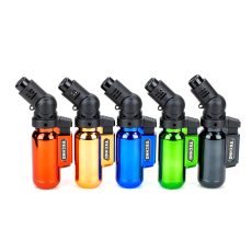 A lineup of five Techno Flexible Refillable Single Flame Torch Lighters in metallic colors: red, orange, blue, green, and black, with a sleek and compact design.