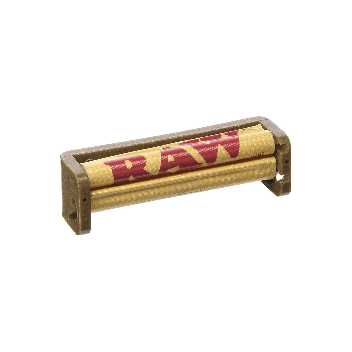 A RAW 79mm Pre Roll Machine made from eco-friendly German hemp plastic. The machine is shown with a RAW rolling paper ready for use, designed to fit 1¼ rolling papers. This rolling machine ensures consistent and perfectly rolled joints with minimal effort, making it ideal for both beginners and experienced smokers