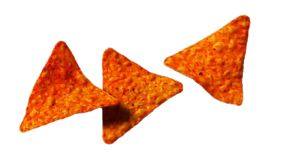 Three triangular tortilla chips, orange in color with a crispy texture, representing High Heals Doritos Edibles
