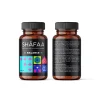 Image showing the front and back labels of SHAFAA Balance Microdosing Psilocybin Capsules. The bottle promotes a blend of psilocybin mushrooms, Reishi, Ashwagandha, and L-Theanine, with 25 capsules for supporting mental wellness and balance
