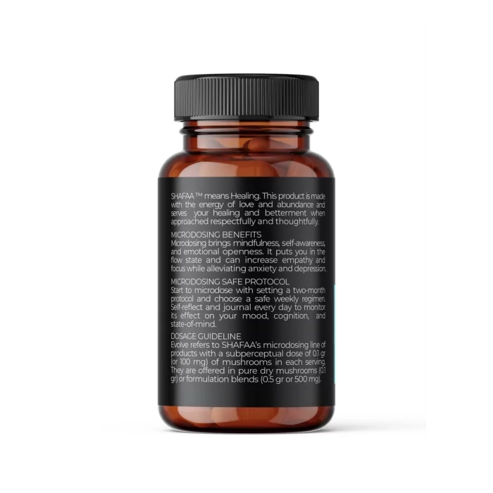 Close-up of the bottle's side label detailing the benefits of microdosing, which include mindfulness and emotional openness, and outlining the safe protocol for microdosing.