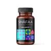 The front of the SHAFAA Balance Microdosing Psilocybin Capsules bottle, labeled with vibrant geometric shapes and text indicating a 0.1g dosage per capsule