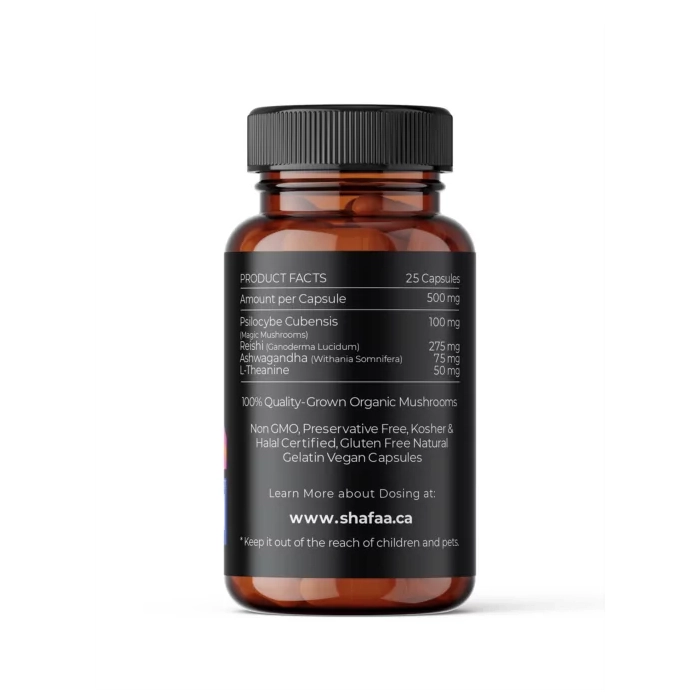 Close-up of the SHAFAA Balance Microdosing Psilocybin Capsules product facts on the bottle’s side label, listing 100mg psilocybin per capsule along with Reishi, Ashwagandha, and L-Theanine. The product is labeled as non-GMO, preservative-free, and vegan