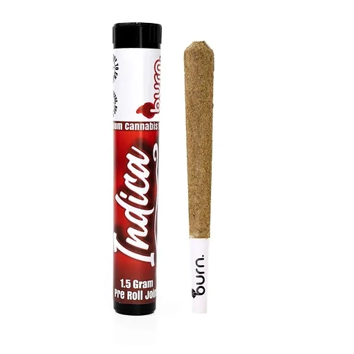 Burn Indica Infused Joints in hard tube packaging, infused with potent indica distillate and coated with kief