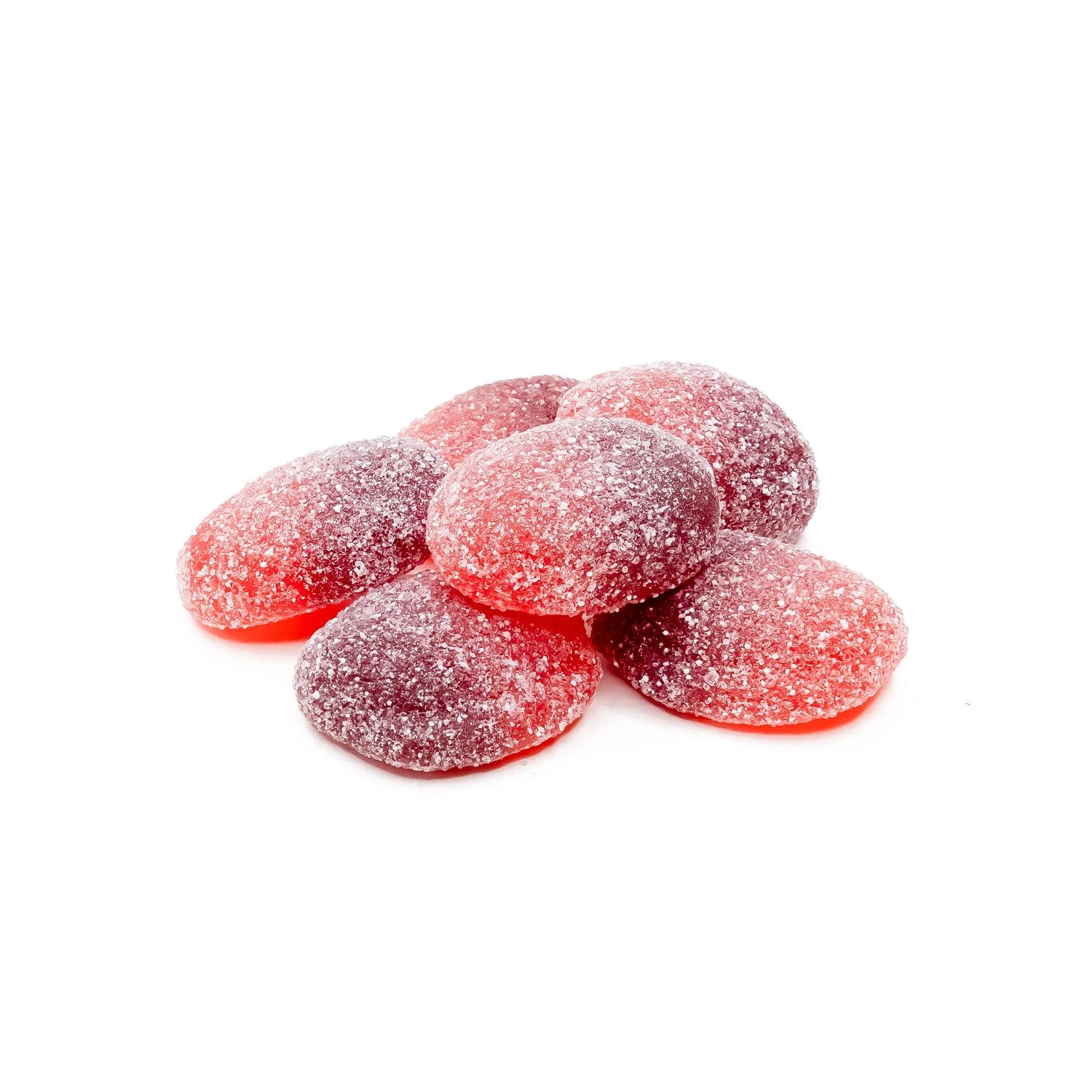 A close-up view of Faded Edibles' Cherry Bombs gummies, displaying sugar-coated red and purple round gummies.