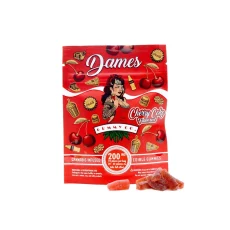 Cherry Coke-flavored Dames Gummy Co 200mg THC Sour Gummies package, featuring cannabis-infused gummies with 20mg of THC per piece. The red packaging highlights the unique cherry and cola flavor combination. Available at Weed Market