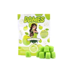 Green Apple-flavored Dames Gummy Co 200mg THC Gummies package, featuring cannabis-infused gummies with 20mg of THC per piece. The packaging highlights a crisp green apple theme. Available at Weed Market