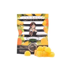 Mango-flavored Dames Gummy Co 200mg THC Gummies package, featuring cannabis-infused gummies with 20mg of THC per piece. The packaging highlights a tropical mango theme with vibrant mango designs. Available at Weed Market