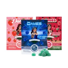 Three flavors of Dames Gummy Co 200mg THC Sour Gummies, including Blue Raspberry, Strawberry, and Green Watermelon, displayed in vibrant packaging. Each package contains 10 cannabis-infused gummies, offering 20mg of THC per gummy. Available at Weed Market