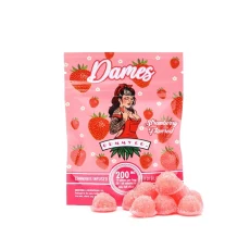 Strawberry-flavored Dames Gummy Co 200mg THC Gummies package, featuring cannabis-infused gummies with 20mg of THC per piece. The packaging highlights a sweet strawberry theme with vibrant strawberry designs. Available at Weed Market