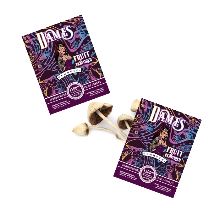 Dames Gummy Co. fruit-flavored gummies from Weed Market, featuring two colorful packages with psychedelic designs next to psilocybin mushrooms