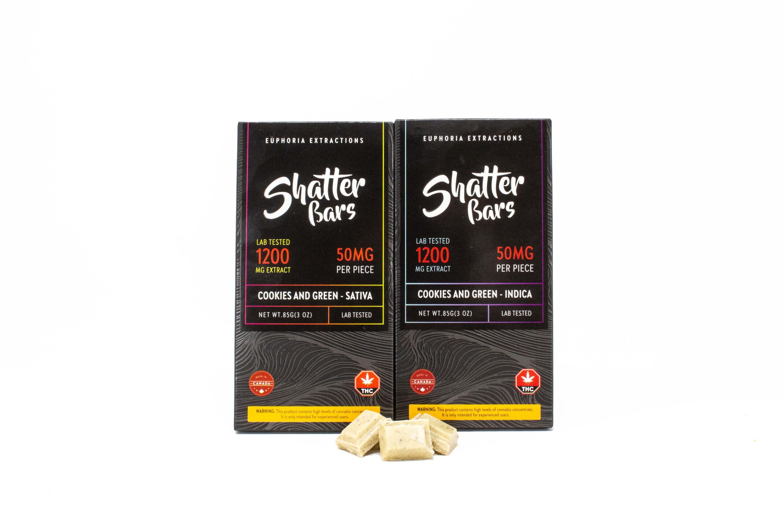 Two Shatter Bars 1200mg THC packages in Cookies and Green flavor, available in Sativa and Indica varieties, accompanied by white chocolate pieces.