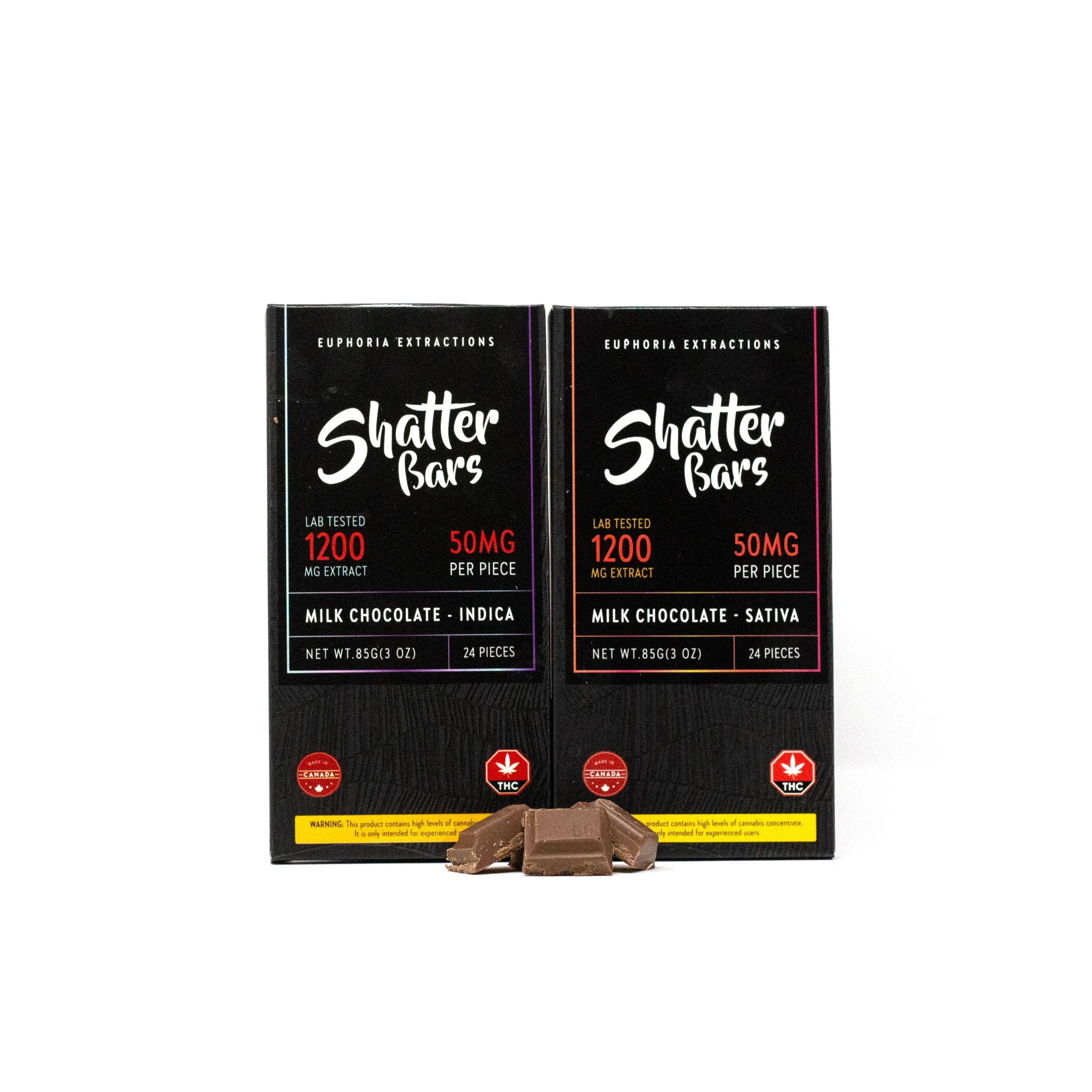 Two Shatter Bars 1200mg THC packages in Milk Chocolate flavor, available in Sativa and Indica varieties, with milk chocolate squares placed in front of the packaging.