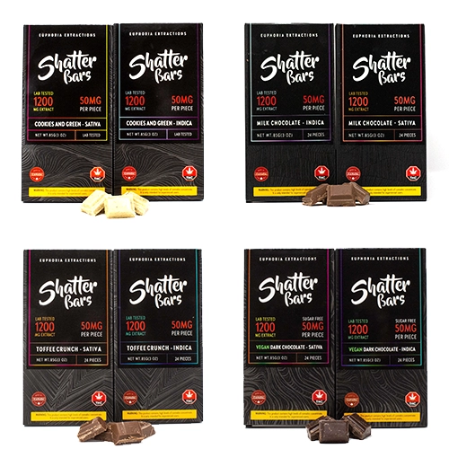 A set of four Shatter Bars 1200mg THC chocolate bars displayed in various flavors: Cookies and Green (Sativa and Indica), Milk Chocolate (Sativa and Indica), Toffee Crunch (Sativa and Indica), and Vegan Dark Chocolate (Sativa and Indica). The bars are showcased with their corresponding chocolate pieces.