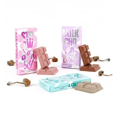 Euphoria Psychedelics Psilocybin Chocolate 1.2g showcasing 3 flavours next to derid magic mushrooms