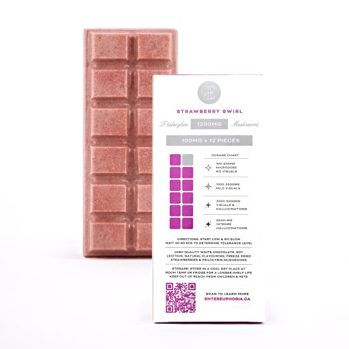 The back of the Strawberry Swirl packaging with dosage instructions and chart, indicating 12 pieces with 100mg psilocybin each, alongside a pink chocolate bar.
