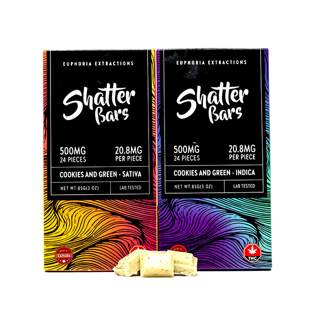Two Euphoria Extractions Cookies and Green Shatter Bars, one labeled Sativa and the other Indica, each containing 500mg of THC, with 24 pieces in colorful packaging