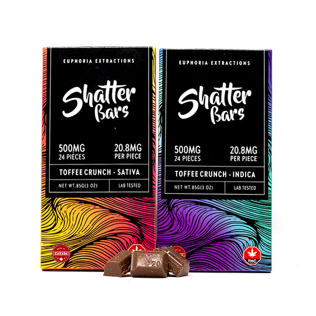 Two Euphoria Extractions Toffee Crunch Shatter Bars, one labeled Sativa and the other Indica, each with 500mg of THC and 24 pieces, featuring colorful packaging