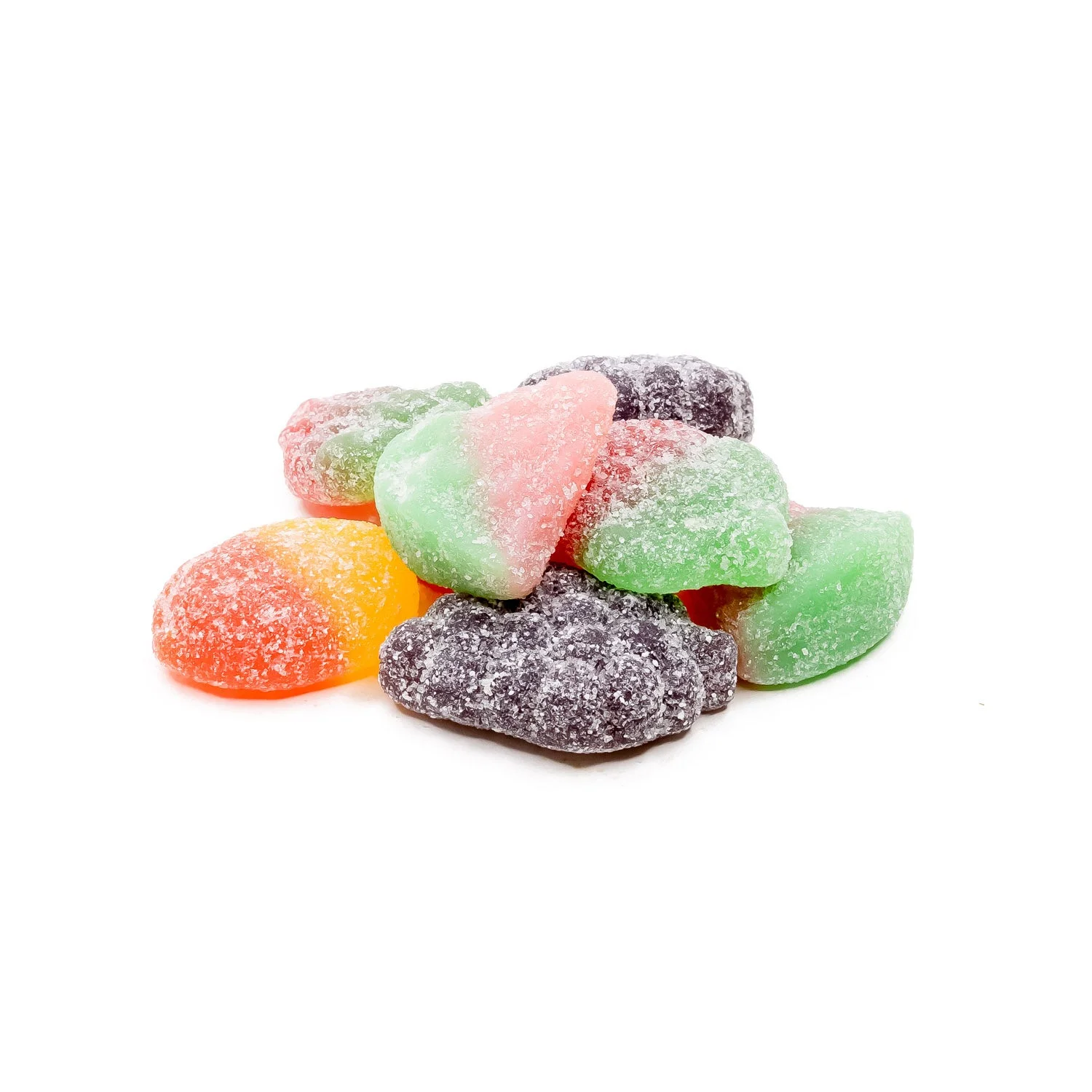 A pile of assorted fruit-shaped gummies from the Faded Edibles Fruit Pack, showcasing vibrant colors and sugar-coated textures