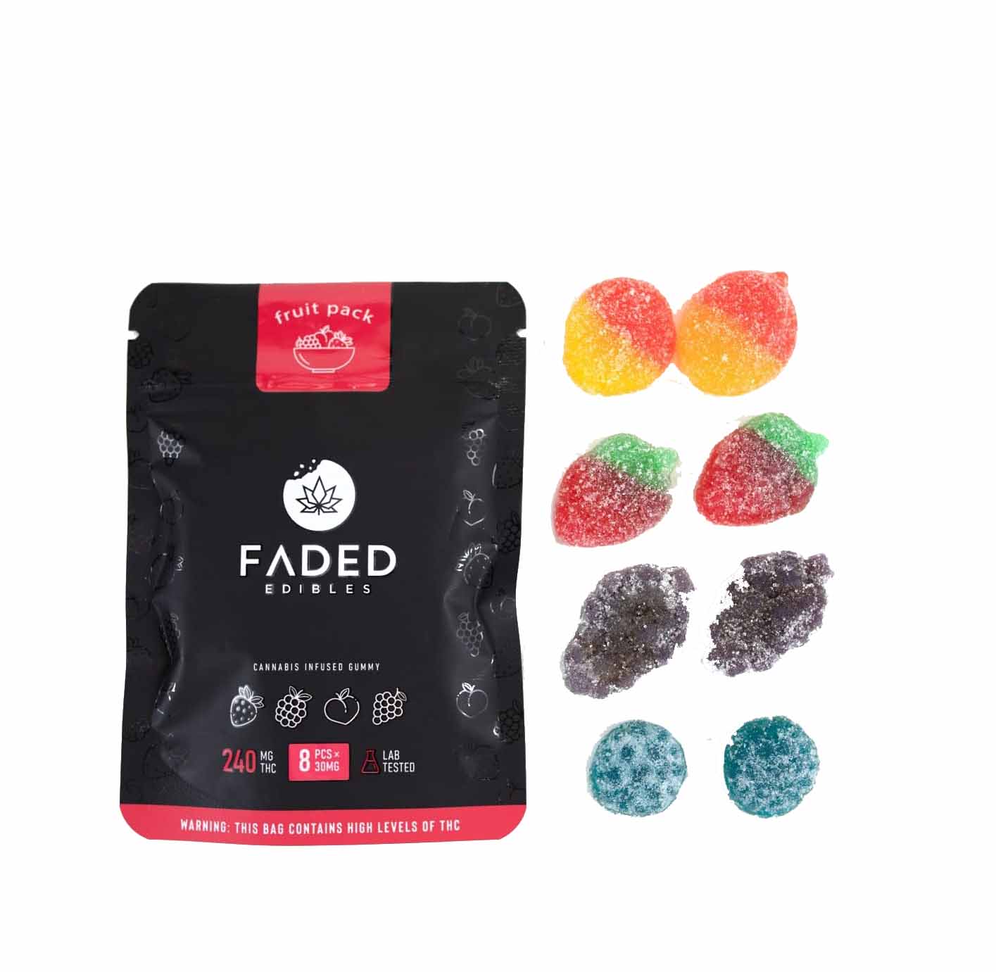 A close-up image of the Faded Edibles Fruit Pack, featuring an assortment of fruity gummies such as strawberries, grapes, and blueberries placed beside the package