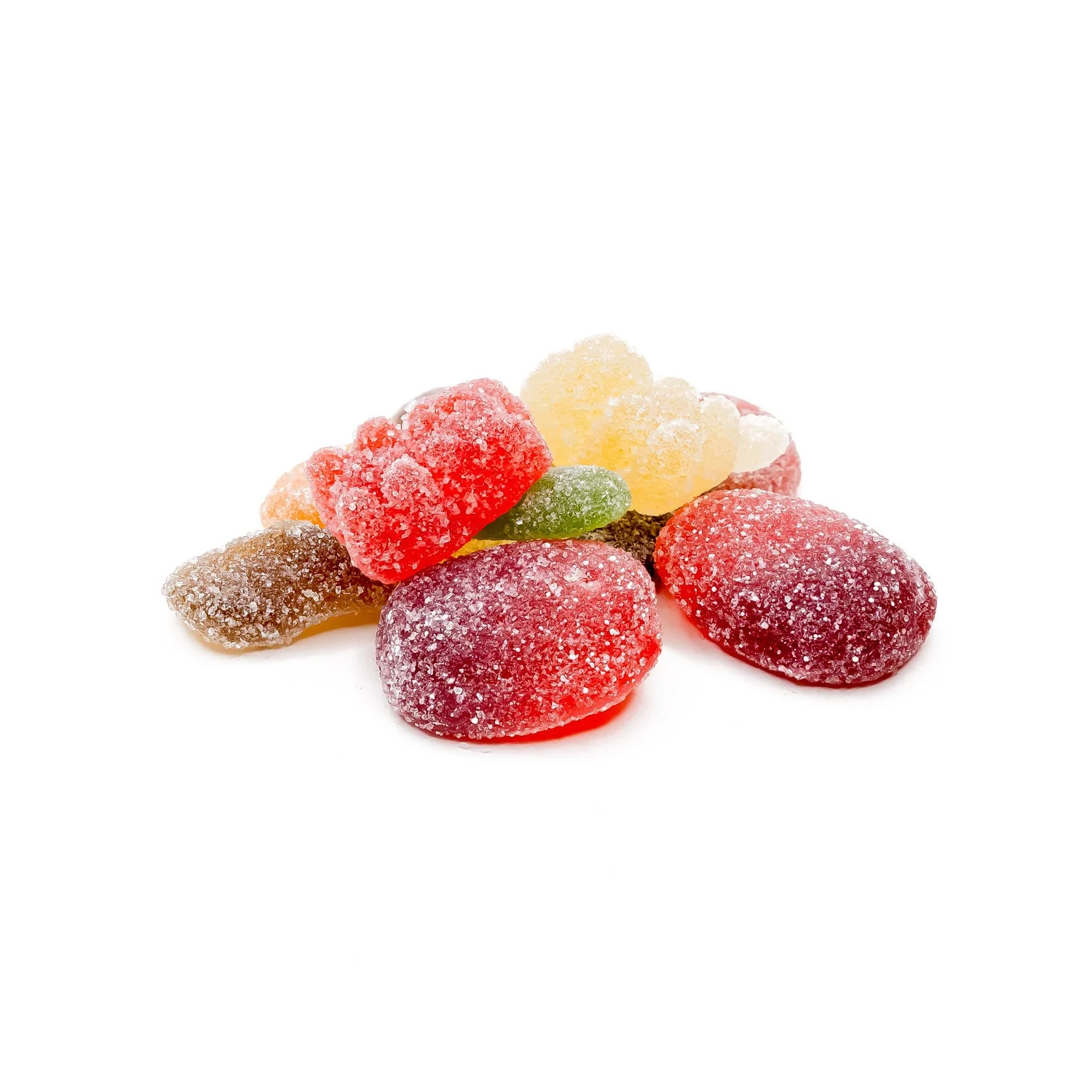 A close-up of the Faded Edibles Party Pack gummies, featuring a variety of shapes and bright colors, coated with sugar