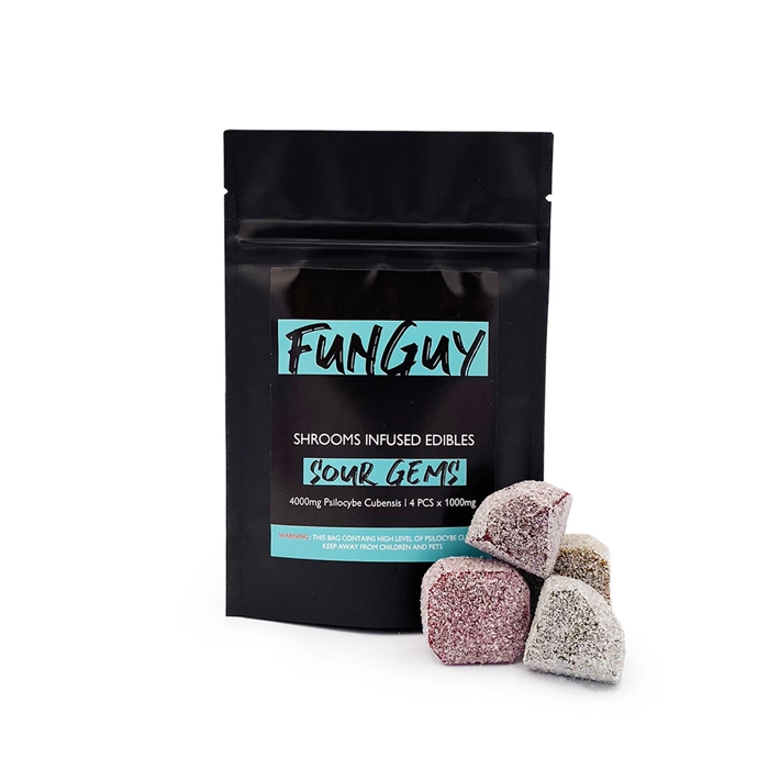 Front packaging of Funguy Sour Gems Magic Mushroom Gummies from Weed Market, with assorted sour-coated gummies containing 4000mg psilocybe cubensis