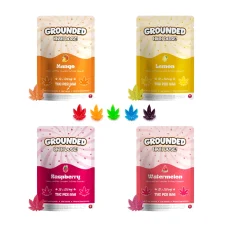 Image showing Grounded High Dose Gummies in Mango, Lemon, Raspberry, and Watermelon flavors, each containing 1000mg of THC per bag with 10 gummies, 100mg THC per piece. The packaging highlights vibrant fruit designs for each flavor. Available at Weed Market