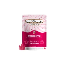 Raspberry-flavored Grounded High Dose Gummies package, featuring hand-crafted cannabis-infused gummies with 1000mg THC per bag, 100mg THC per piece. Available at Weed Market