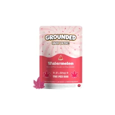 atermelon-flavored Grounded High Dose Gummies package, featuring hand-crafted cannabis-infused gummies with 1000mg THC per bag, 100mg THC per piece