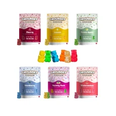 Grounded High Dose THC Gummy Bears featuring 500mg THC per pack, with flavors like lemon, cherry, blueberry, green apple, and watermelon. A fun and potent cannabis treat available at Weed Market