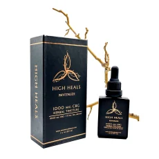 High Heals Revitalize CBG edibles Oil packaging and tincture bottle displayed with a natural branch background. The black box and bottle feature gold accents and display '1000 mg CBG Herbal Tincture' along with 'Revitalize' text