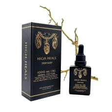 High Heals CBG Sleep Tincture packaging and tincture bottle displayed with a natural branch background. The black box and bottle feature gold accents with a dreamcatcher design and display '1000 mg CBG Herbal Tincture' and '150 mg Melatonin