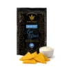Front view of High Heals Cool Ranch Weed Chips bag surrounded by tortilla chips. The black bag displays '200 MG THC' and 'Cool Ranch' in blue text, with a cannabis warning symbol at the bottom. A bowl of ranch dip with a tortilla chip is visible